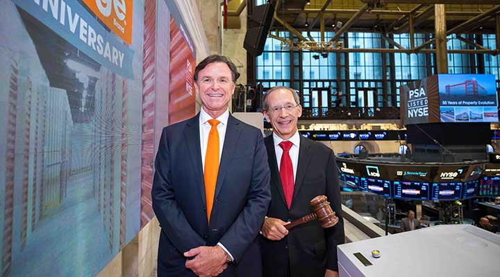 public storage CEO Joe Russell and ron havenr, chairman of the Board for Public Storage, and Shurgard Europe., at the NYSE opening bell